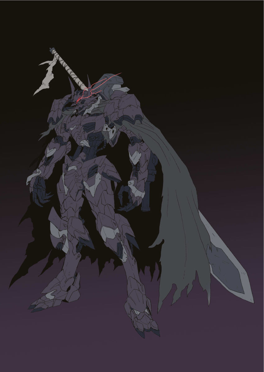 berserk, cable, chinese_commentary, glowing, glowing_eye, grey_cloak, gundam, gundam_tekketsu_no_orphans, guts_(berserk), highres, mecha, mechanization, mobile_suit, no_humans, open_hands, robot, science_fiction, sfss, solo, standing, sword, sword_on_back, weapon, weapon_on_back