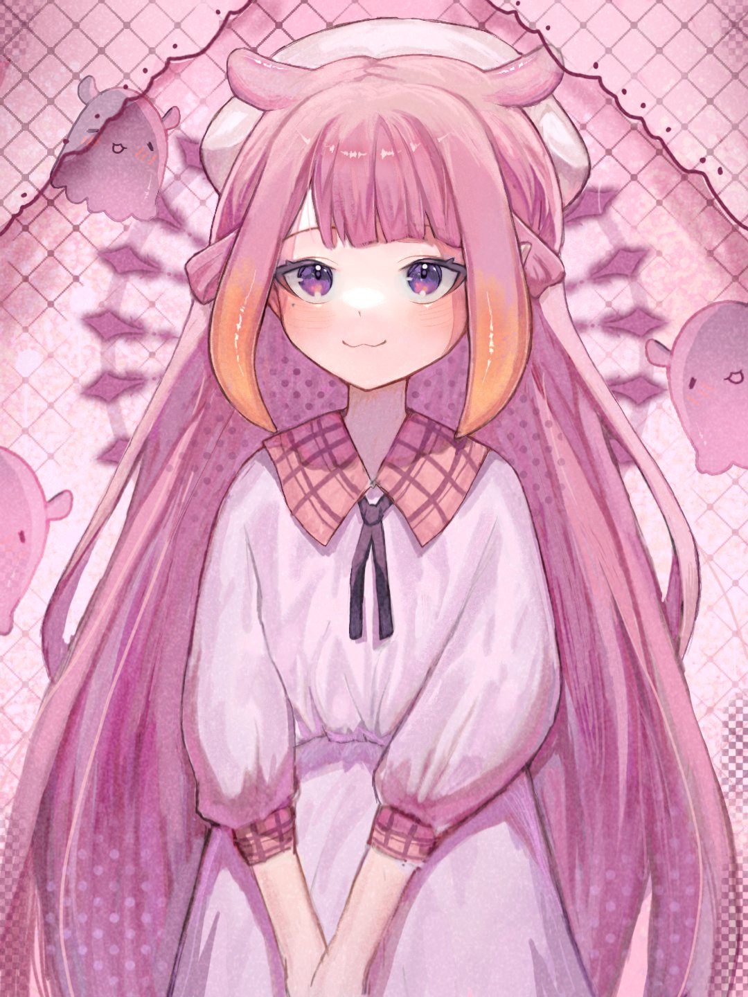 1girl, :3, alternate_hair_color, beret, blush, dress, flat_chest, hat