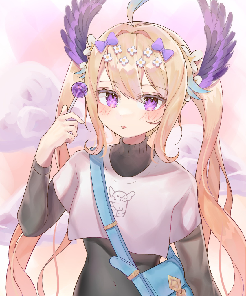 1girl, aloupeep_(enna_alouette), alternate_hairstyle, black_sweater, blonde_hair, blush, bow, candy, clouds, crop_top, enna_alouette, food, hair_bow, head_wings, highres, holding, holding_candy, holding_food, holding_lollipop, lollipop, long_hair, looking_at_viewer, nijisanji, nijisanji_en, purple_bow, shirt, solo, sweater, szuukie, tongue, tongue_out, upper_body, very_long_hair, violet_eyes, virtual_youtuber, white_shirt