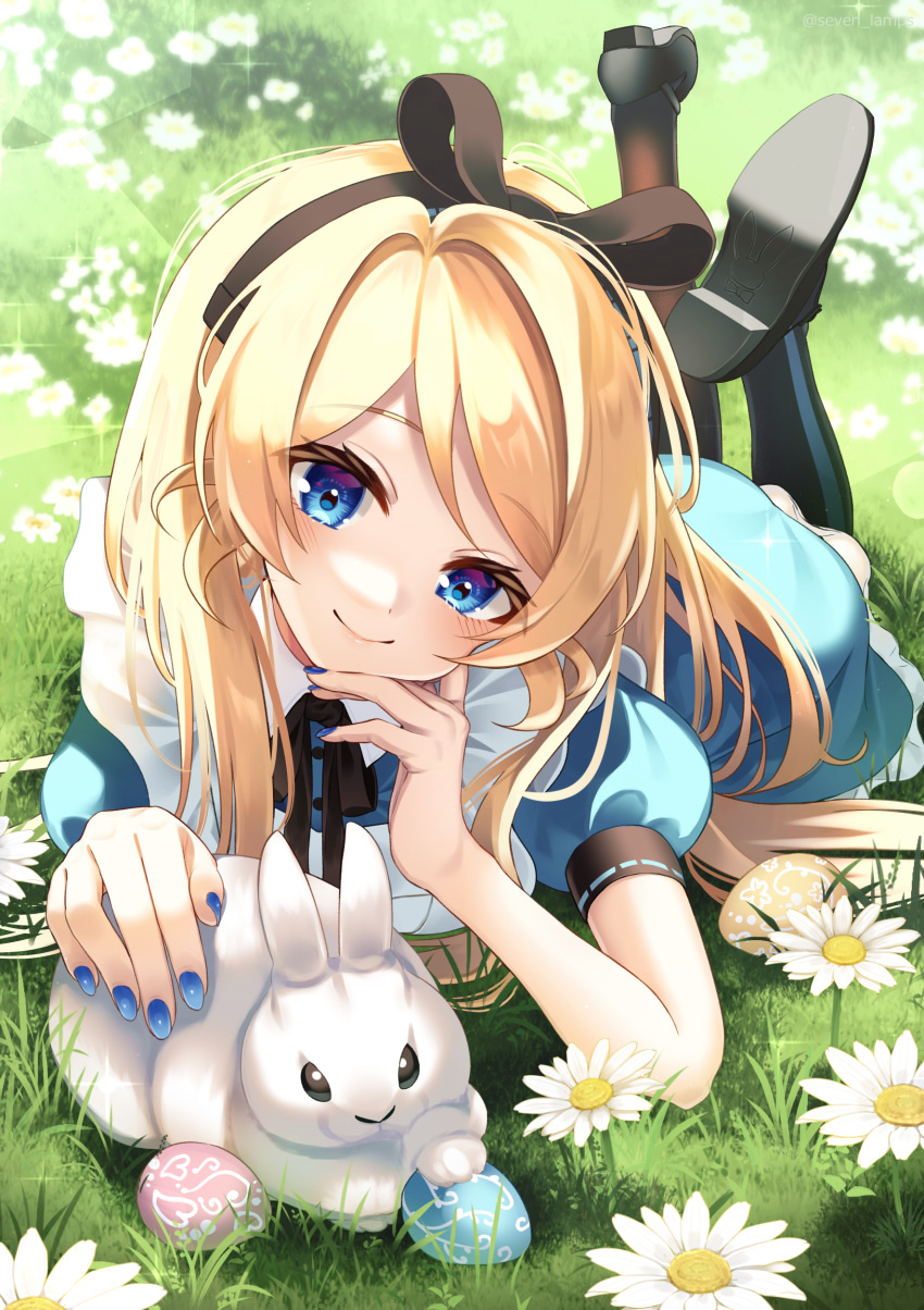 1girl, absurdres, alice_(alice_in_wonderland), animal, bangs, blonde_hair, blue_eyes, blush, daisy, dress, easter, easter_egg, egg, flower, grass, hair_ribbon, hand_on_own_cheek, hand_on_own_face, head_tilt, highres, long_hair, lying, nail_polish, nanahi_tsubaki, neck_ribbon, on_grass, on_ground, on_stomach, original, outdoors, pantyhose, pinafore_dress, puffy_short_sleeves, puffy_sleeves, rabbit, ribbon, short_sleeves, smile, solo
