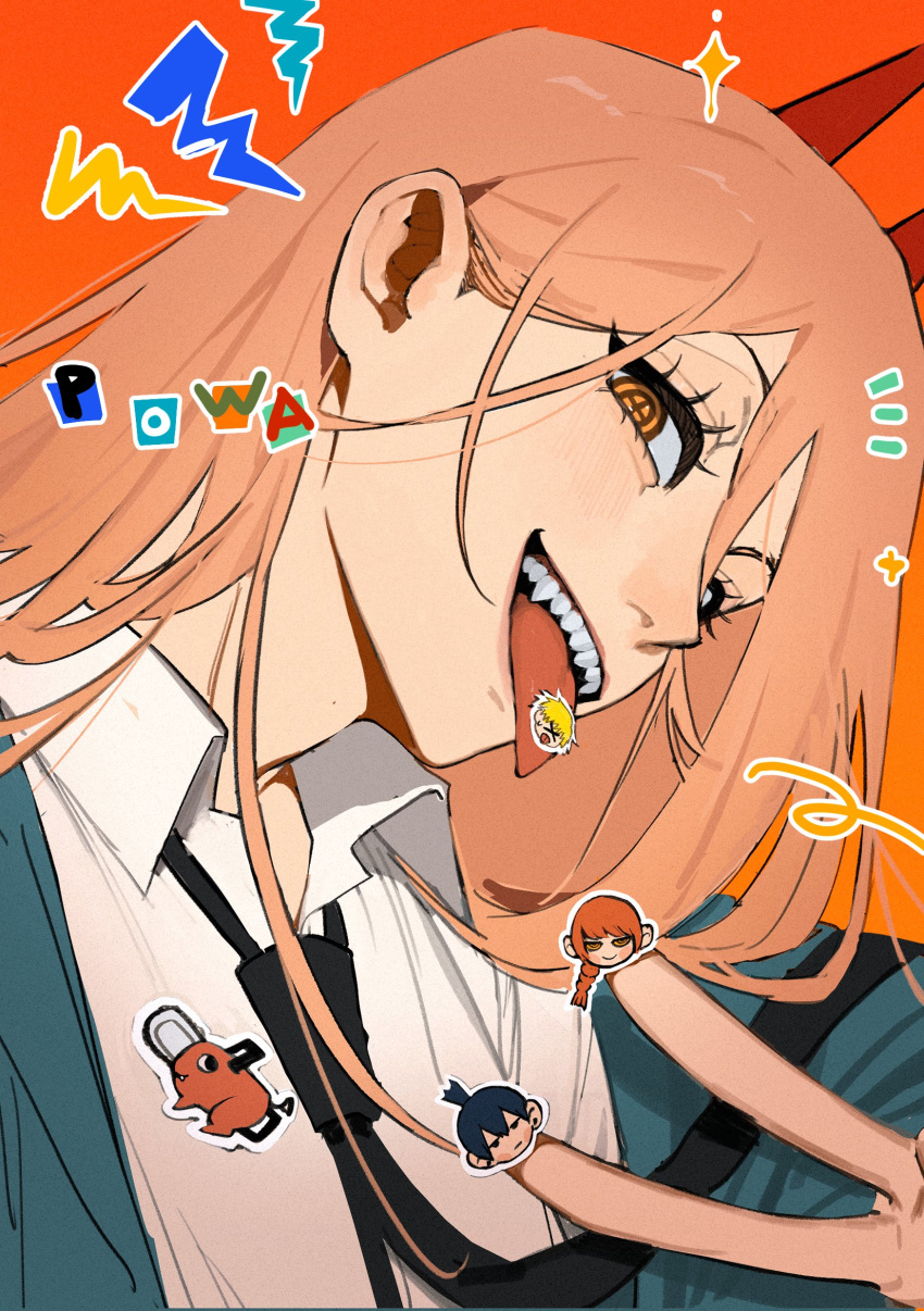 1girl, absurdres, bangs, black_necktie, blue_jacket, chainsaw_man, character_name, character_print, collared_shirt, crosshair_pupils, demon_horns, denji_(chainsaw_man), from_side, hair_between_eyes, hand_up, hayakawa_aki, head_tilt, highres, horns, jacket, li_chestnuts, long_hair, looking_at_viewer, makima_(chainsaw_man), necktie, notice_lines, open_mouth, orange_background, orange_eyes, orange_hair, pochita_(chainsaw_man), portrait, power_(chainsaw_man), red_horns, sharp_teeth, shirt, simple_background, smile, solo, sparkle, sticker, symbol-shaped_pupils, teeth, tongue, tongue_out, v, white_shirt