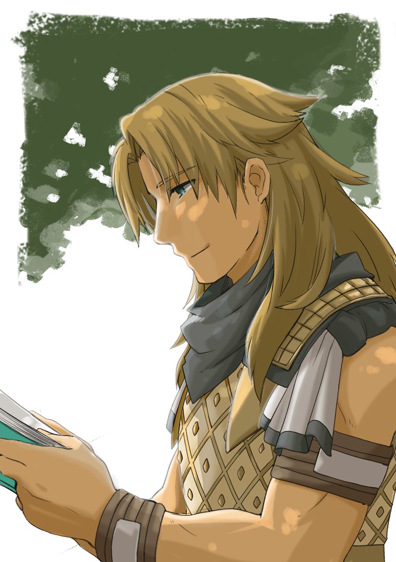 1boy, arm_strap, armor, blue_scarf, book, brown_hair, chiron_(fate), curtained_hair
