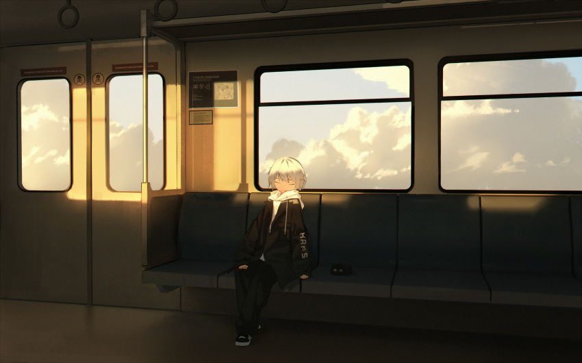 1girl, androgynous, animal, bangs, cat, closed_eyes, clouds, ground_vehicle