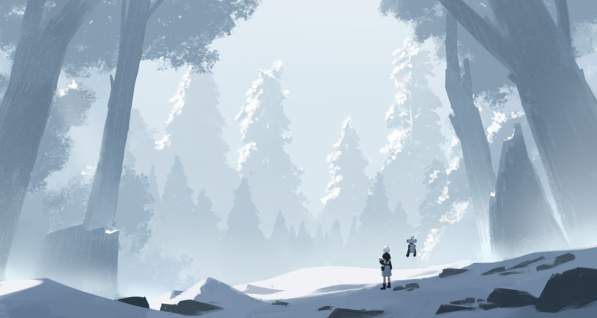 1girl, absurdres, bag, belt, boots, conifer, detached_sleeves, fir_tree, fog, forest, highres, laluna, nature, original, outdoors, pine_tree, robot, rock, scenery, short_hair, shoulder_bag, snow, solo, tree, white_hair, winter