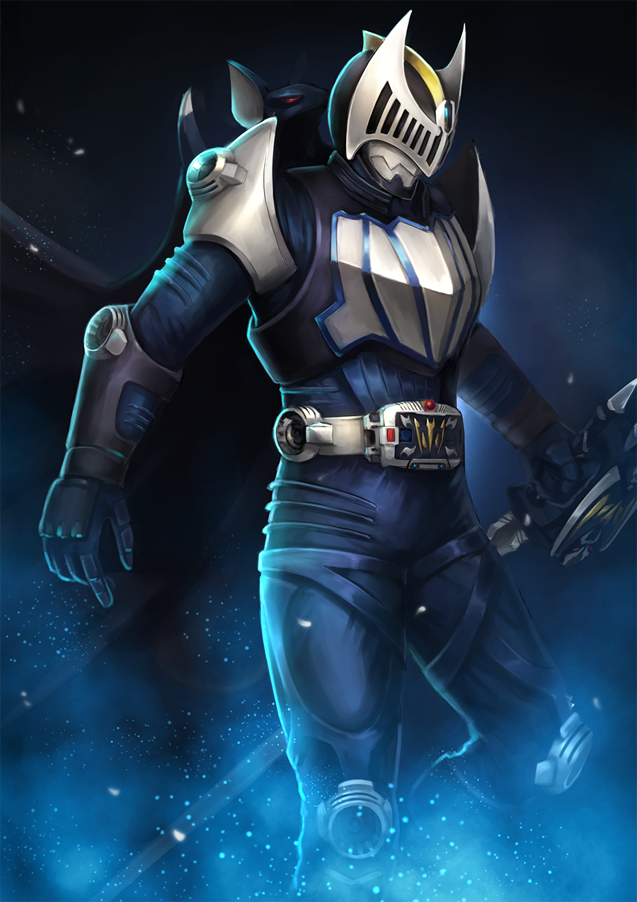 1boy, aki7, armor, bat_(animal), bat_wings, belt, black_armor, black_cape, black_footwear, boots, cape, commentary_request, contract_monster, darkwing, full_body, heisei, highres, kamen_rider, kamen_rider_knight, kamen_rider_ryuki_(series), knight, male_focus, night, official_style, reverse_grip, solo, sword, v_buckle, weapon, wings