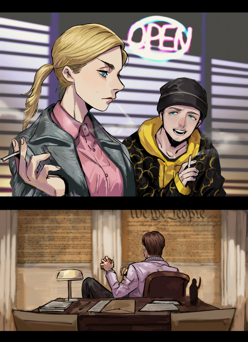 1girl, 2boys, back, better_call_saul, blonde_hair, blue_eyes, breaking_bad, brown_hair