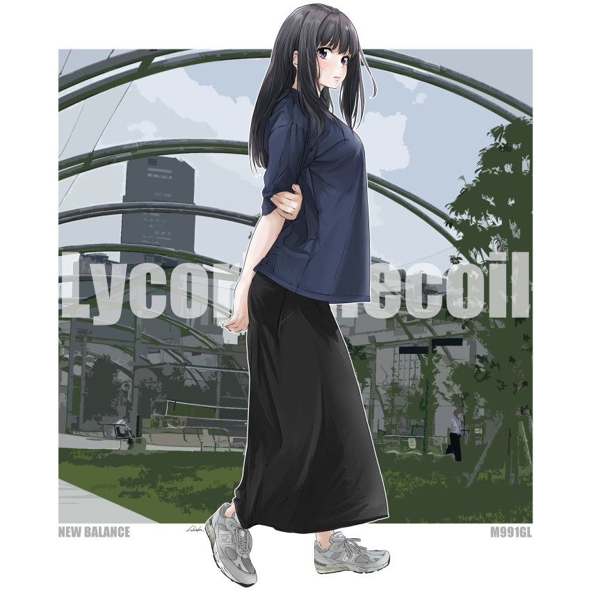 1girl, absurdres, arms_behind_back, bambi_surprise, black_hair, black_skirt, blue_shirt, blush