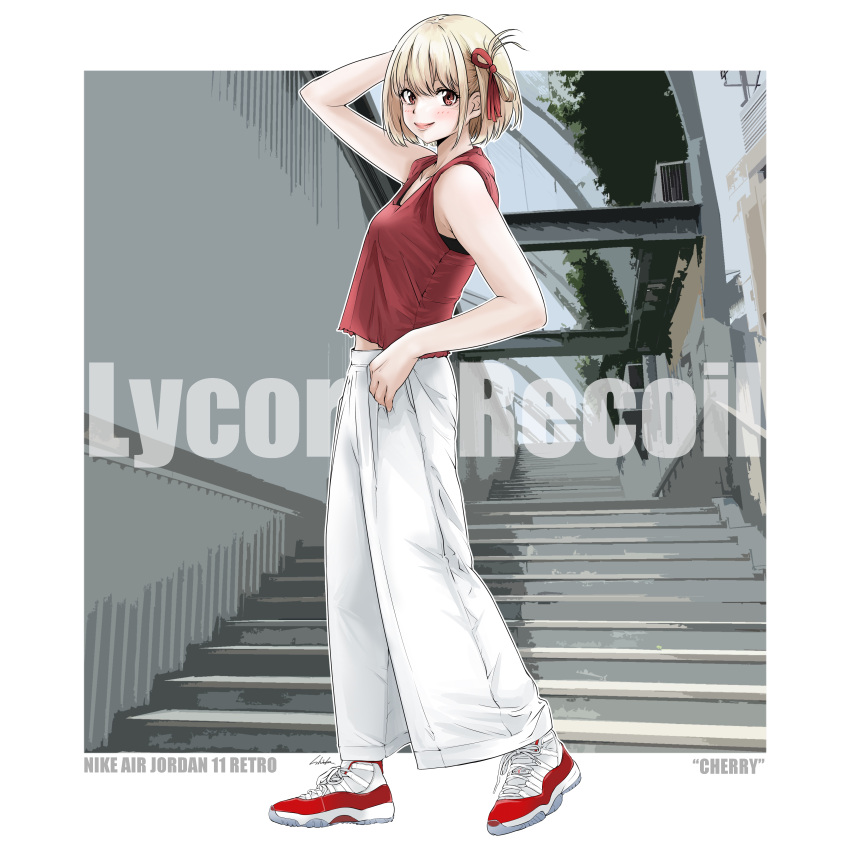 1girl, absurdres, air_jordan_11_retro, arm_up, bambi_surprise, bare_shoulders, blonde_hair, blush