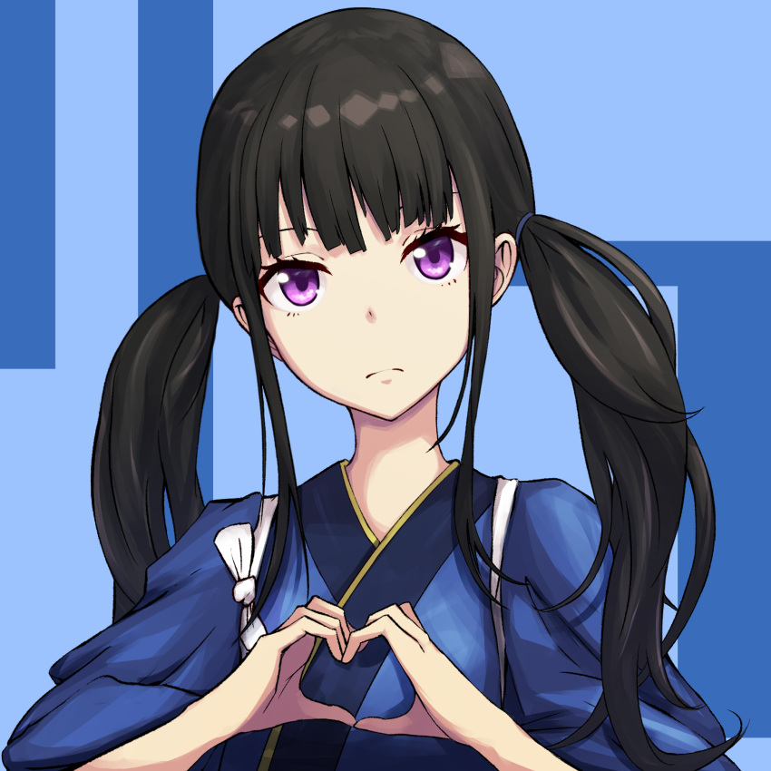 1boy, black_hair, blue_kimono, closed_mouth, hands_up, highres, inoue_takina, japanese_clothes, karan_koron100, kimono, long_hair, looking_at_viewer, lycoris_recoil, sleeves_rolled_up, solo, twintails, upper_body, violet_eyes
