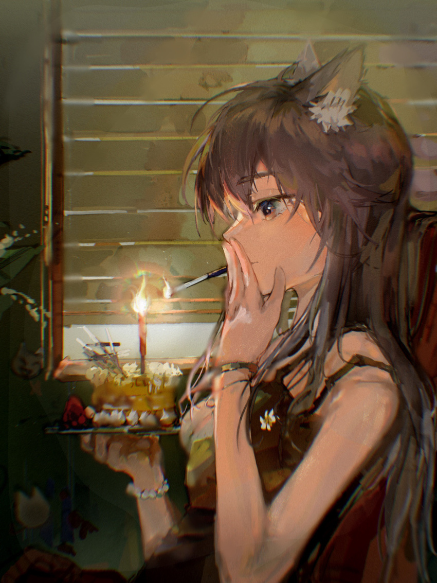 1girl, abulb, animal_ear_fluff, animal_ears, arknights, black_hair, black_tank_top, blinds