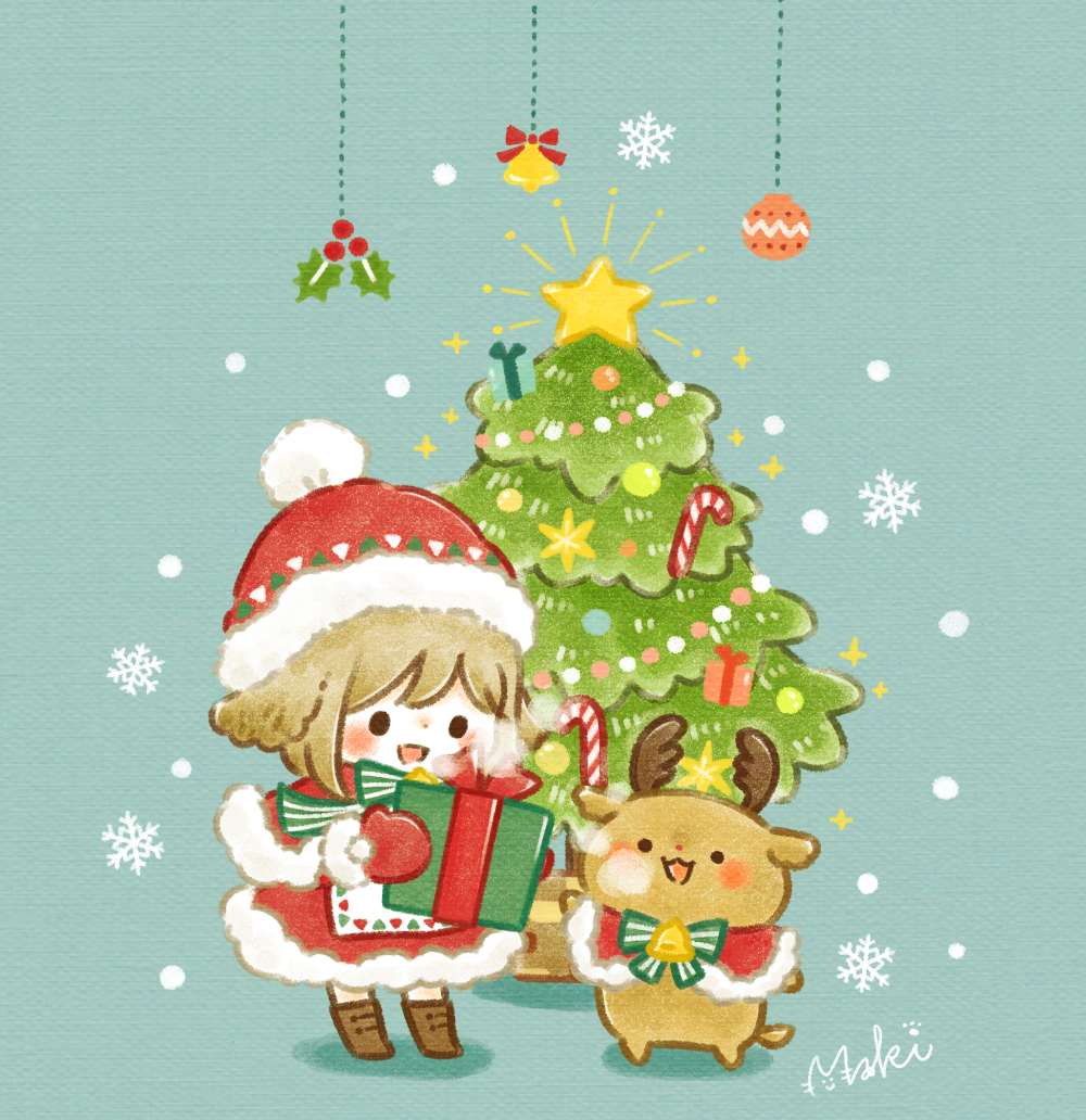 1girl, :d, animal, animal_ears, apron, bangs, bell, blush_stickers