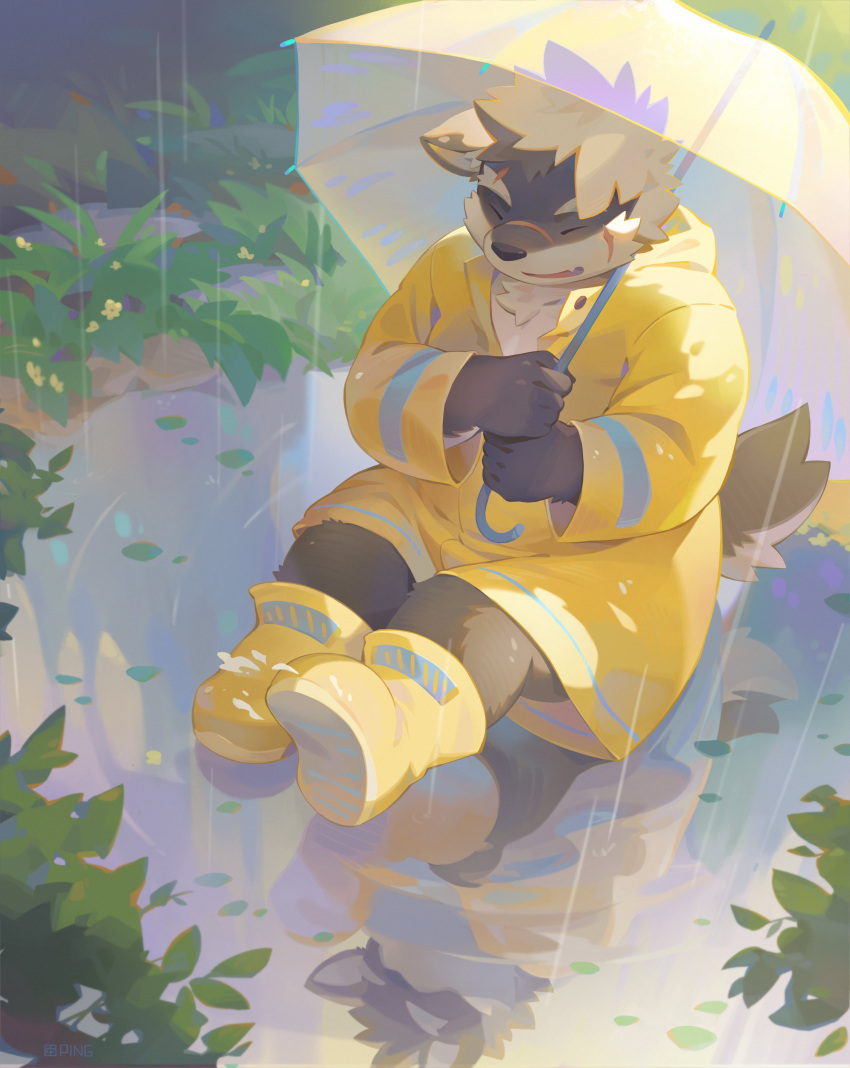 1boy, absurdres, animal_ears, brown_fur, chest_tuft, closed_eyes, commentary_request, dog_boy
