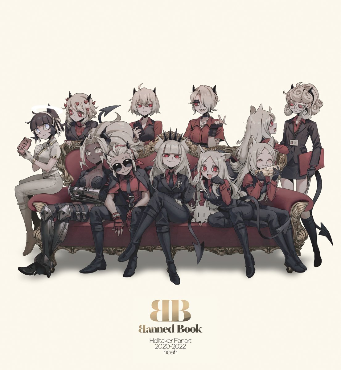 6+girls, ahoge, angel, animal_ears, armored_boots, azazel_(helltaker), black_footwear, black_gloves, black_hair, black_horns, black_tail, black_vest, blue_eyes, boots, breasts, cellphone, cerberus_(helltaker), choker, cigarette, clawed_gauntlets, clipboard, colored_skin, commentary_request, couch, cross, cross_necklace, crossed_ankles, crossed_legs, cup, dark-skinned_female, dark_skin, demon_girl, demon_horns, demon_tail, dog, dog_ears, dog_girl, drinking_glass, eating, english_text, fingerless_gloves, food, formal, gauntlets, glasses, gloves, grey_skin, hair_over_one_eye, hair_ribbon, halo, headpiece, heart, helltaker, highres, holding, holding_cigarette, holding_cup, holding_food, holding_phone, horns, id_card, jacket, jacket_on_shoulders, jewelry, judgement_(helltaker), justice_(helltaker), knee_boots, leather_bikini, lip_piercing, long_hair, long_sleeves, looking_at_viewer, lucifer_(helltaker), malina_(helltaker), medium_hair, modeus_(helltaker), mole, mole_under_eye, multiple_girls, necklace, necktie, noah_(tettsui-sole), on_couch, pancake, pandemonica_(helltaker), phone, piercing, red_eyes, red_gloves, red_shirt, ribbed_sweater, ribbon, shirt, short_hair, short_sleeves, simple_background, sitting, skirt, smartphone, smile, spiked_horns, suit, suit_jacket, sunglasses, sweater, tail, triplets, vest, white_eyes, white_footwear, white_gloves, white_hair, white_horns, wine_glass, zdrada_(helltaker)
