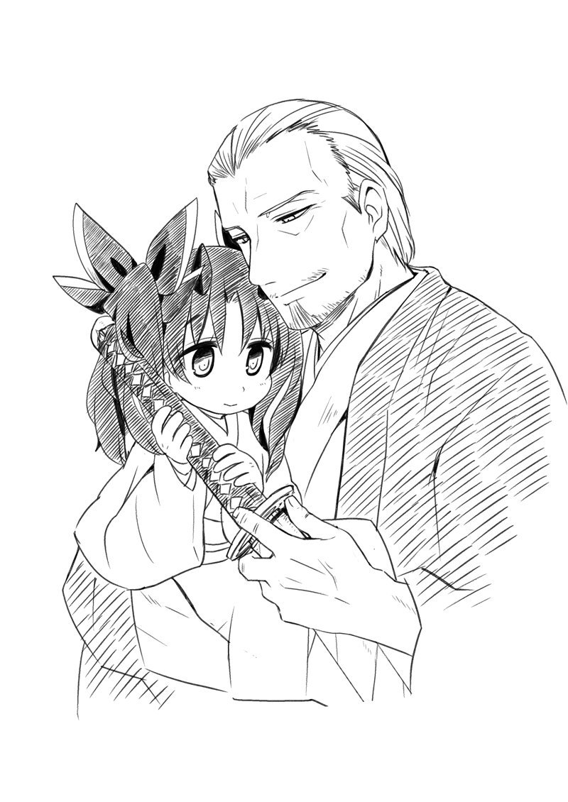 1boy, 1girl, bow, carrying, child_carry, cropped_torso, curtained_hair, facial_hair