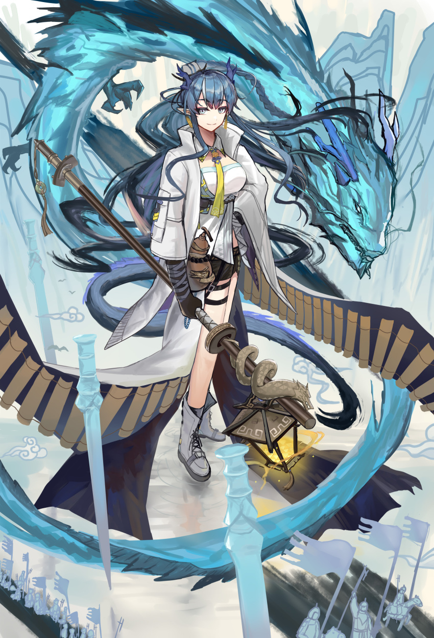1girl, absurdres, arknights, blue_hair, breasts, coat, dragon, dragon_horns