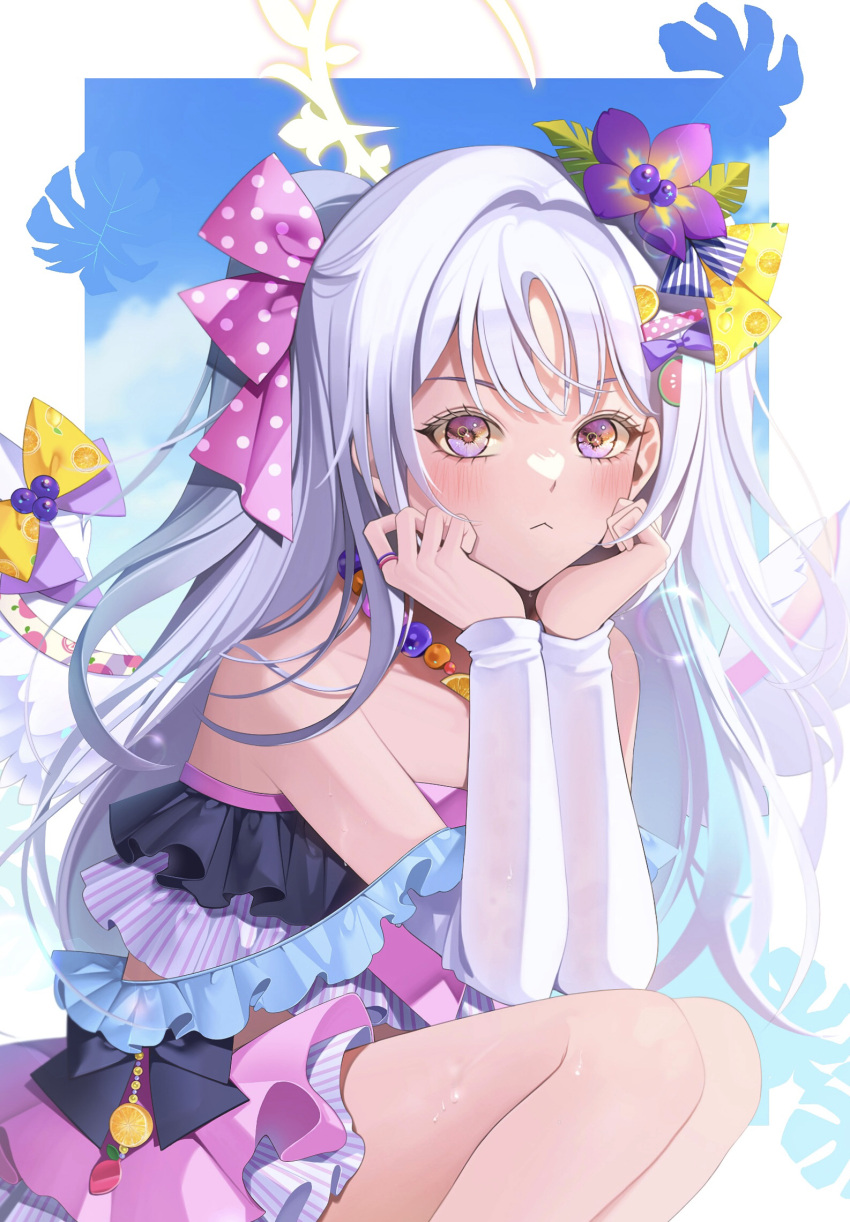 1girl, azusa_(blue_archive), azusa_(swimsuit)_(blue_archive), bangs, bead_necklace, beads, bikini, bikini_skirt