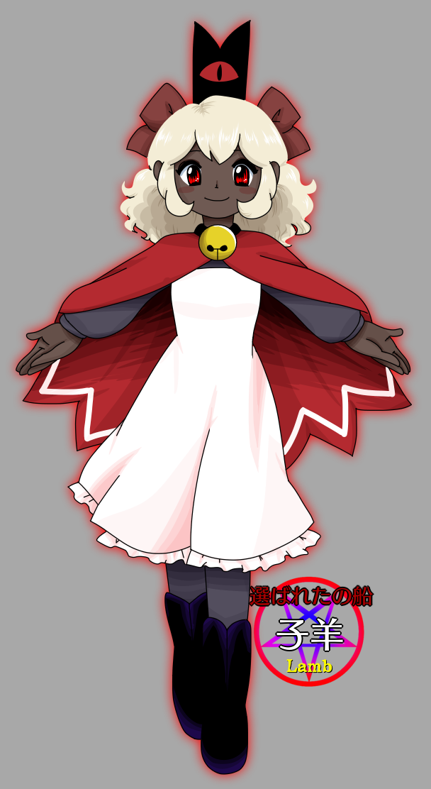 1girl, aurora_artz, black_skin, blush_stickers, boots, cape, character_name, closed_mouth