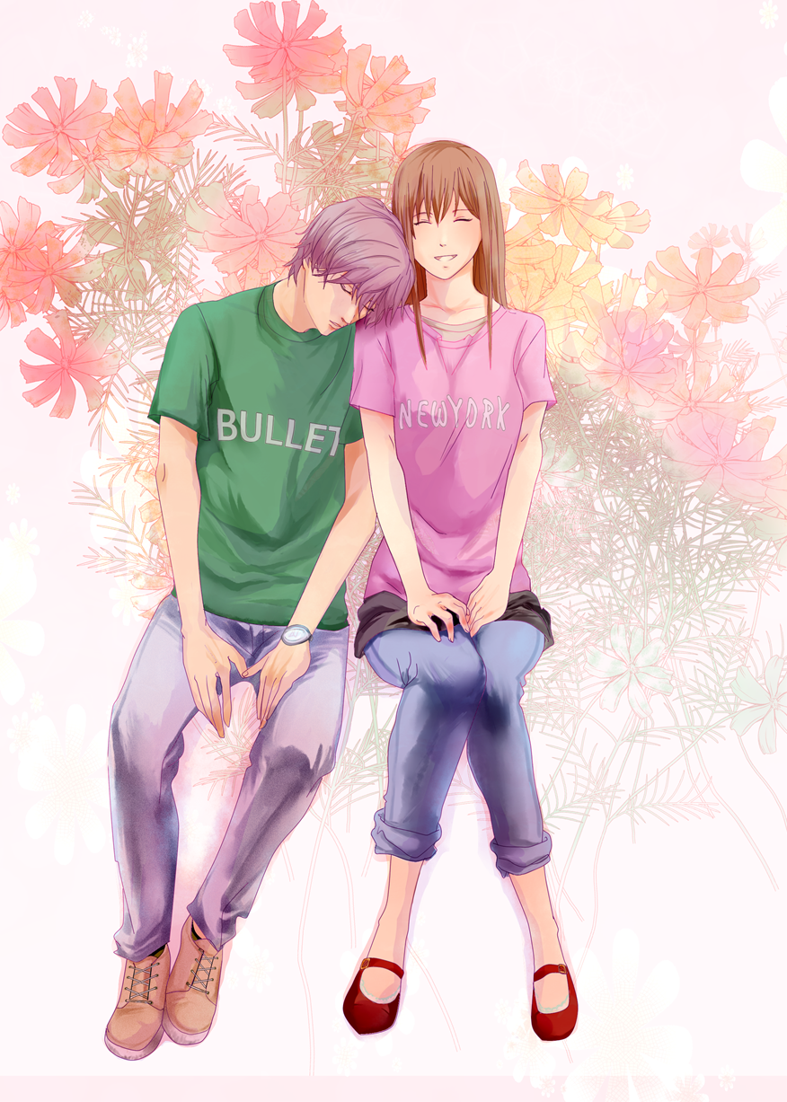 1boy, 1girl, ayase_chihaya, brown_footwear, brown_hair, chihayafuru, closed_eyes, denim