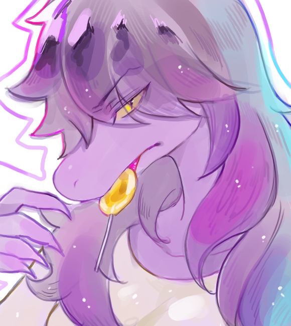 1girl, aura, candy, colored_skin, deltarune, eating, food, hair_over_eyes