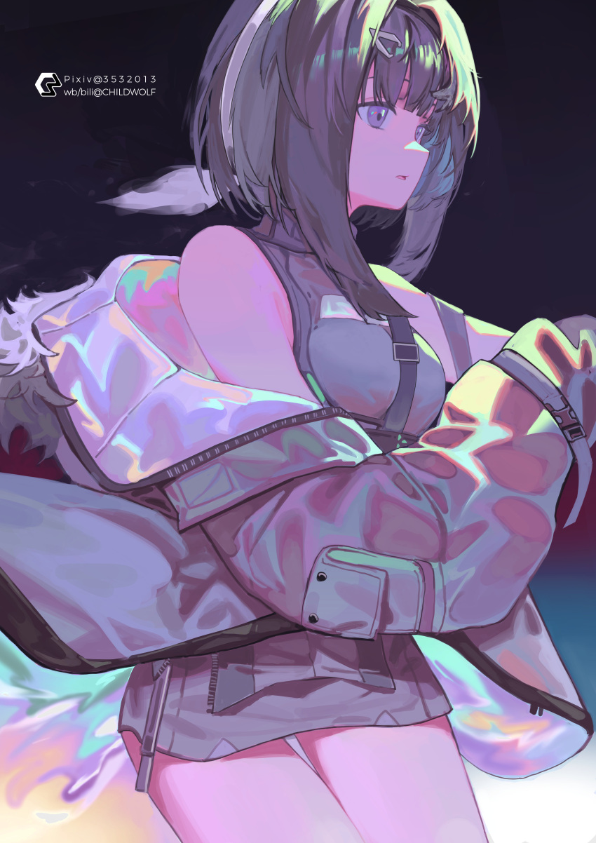 1girl, absurdres, arknights, bangs, bare_shoulders, bilibili_username, blunt_bangs, childwolf