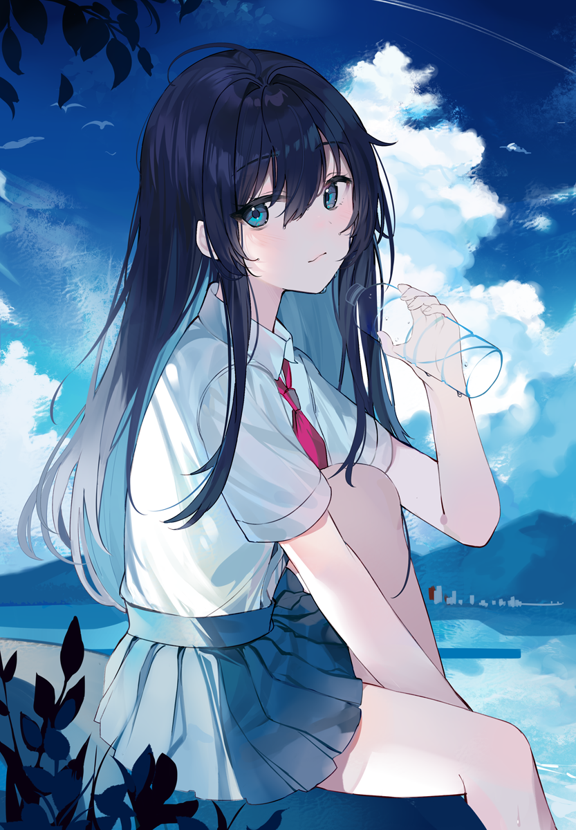 1girl, aroa_(aroamoyasi), bangs, bird, black_hair, blue_eyes, bottle, closed_mouth