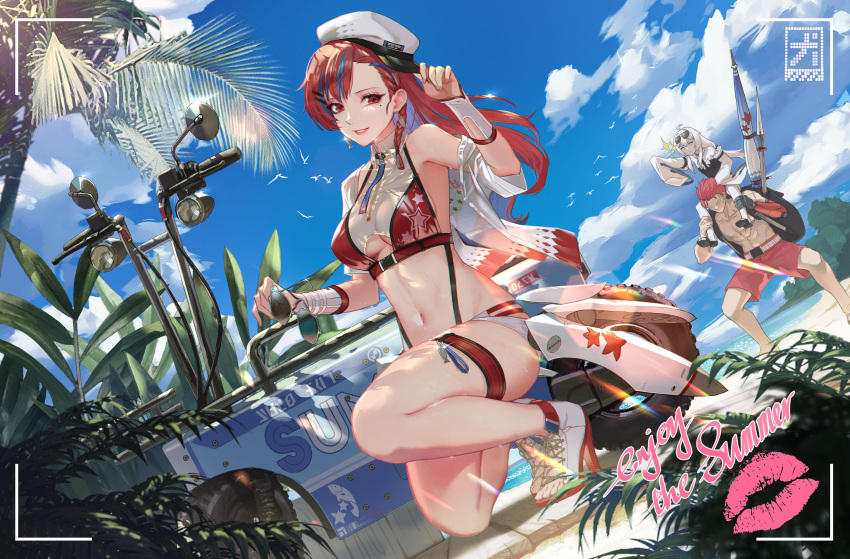 beach, belt, beret, bicycle, bikini, bird, boots, braid, bush, closed_umbrella, clouds, collar, cross-laced_footwear, earrings, ground_vehicle, hair_ornament, hairclip, hat, headlight, high_heels, highres, jacket, jewelry, lace-up_boots, lanyaojun, light_rays, lipstick_mark, male_swimwear, mole, muscular, no.21_(punishing:_gray_raven), noctis_(punishing:_gray_raven), ocean, punishing:_gray_raven, red_eyes, redhead, seagull, sky, sparkling_eyes, suitcase, sunglasses, swim_trunks, swimsuit, tire, tropical, umbrella, vera_(punishing:_gray_raven), white_hair