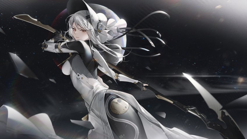 absurdres, bonnet, dress, fighting_stance, frown, glaring, glass, haicma_(punishing:_gray_raven)
