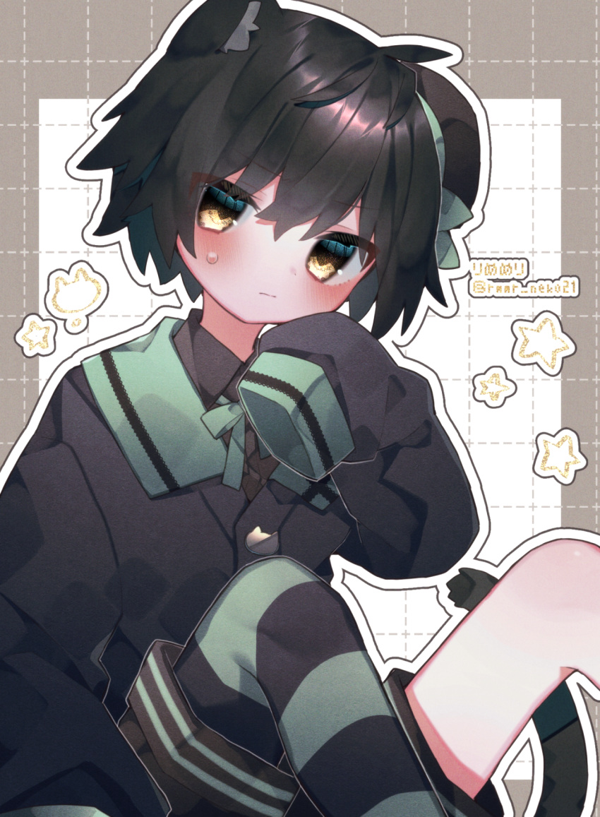 1boy, animal_ears, asymmetrical_legwear, bangs, black_hair, blush, cat_boy, cat_button
