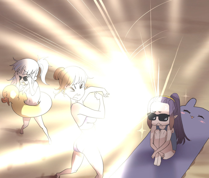 3girls, ass, bangs, blonde_hair, blue_hair, blunt_bangs, breasts, fish_tail