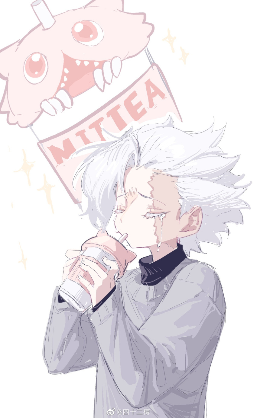 1boy, artist_name, asymmetrical_bangs, bangs, belafu_(human), chinese_commentary, closed_eyes, commentary_request, crying, cup, disposable_cup, drinking, drinking_straw, euphemism, furrowed_brow, goblet_42, grey_hair, grey_sweater, hands_up, highres, holding, holding_cup, layered_clothes, long_sleeves, made_in_abyss, male_focus, medium_hair, mitty_(made_in_abyss), multiple_sources, objectification, projected_inset, pun, short_hair, simple_background, sketch, solo, sparkle, sweater, turtleneck, upper_body, watermark, weibo_logo, weibo_username, white_background