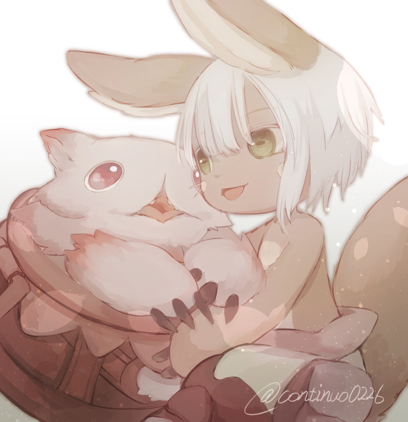 2others, animal_ears, brown_fur, commentary_request, continuo0226, fang, furry, green_eyes, grey_hair, highres, horizontal_pupils, in_container, light_particles, made_in_abyss, mitty_(made_in_abyss), multiple_others, nanachi_(made_in_abyss), open_mouth, other_focus, pants, pouch, puffy_pants, red_pants, short_hair, signature, sitting, smile, tail, topless, twitter_username, whiskers, white_pants