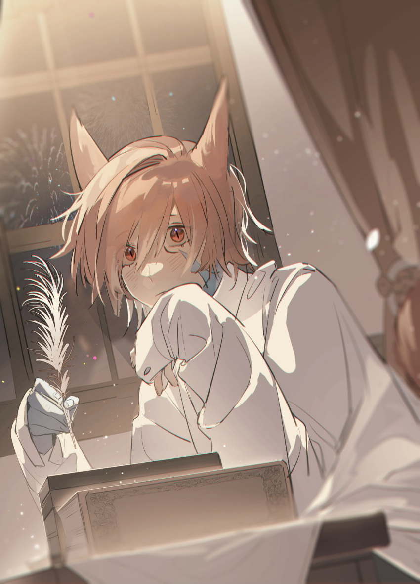 1boy, absurdres, alternate_costume, animal_ears, bangs, blue_skin, blush, book