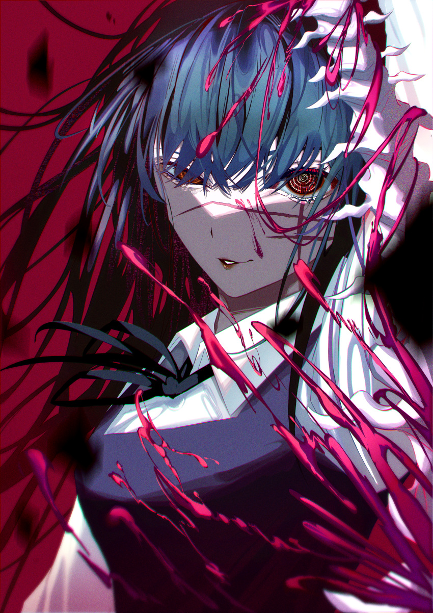 1girl, absurdres, aster_(teslavision), bangs, black_hair, black_ribbon, black_vest, blood, bone, breasts, chainsaw_man, crazy_eyes, crazy_smile, highres, long_hair, looking_at_viewer, mitaka_asa, red_background, red_eyes, ribbon, ringed_eyes, scar, scar_on_cheek, scar_on_face, school_uniform, shirt, vest, war_devil_(chainsaw_man), white_shirt, yoru_(chainsaw_man)