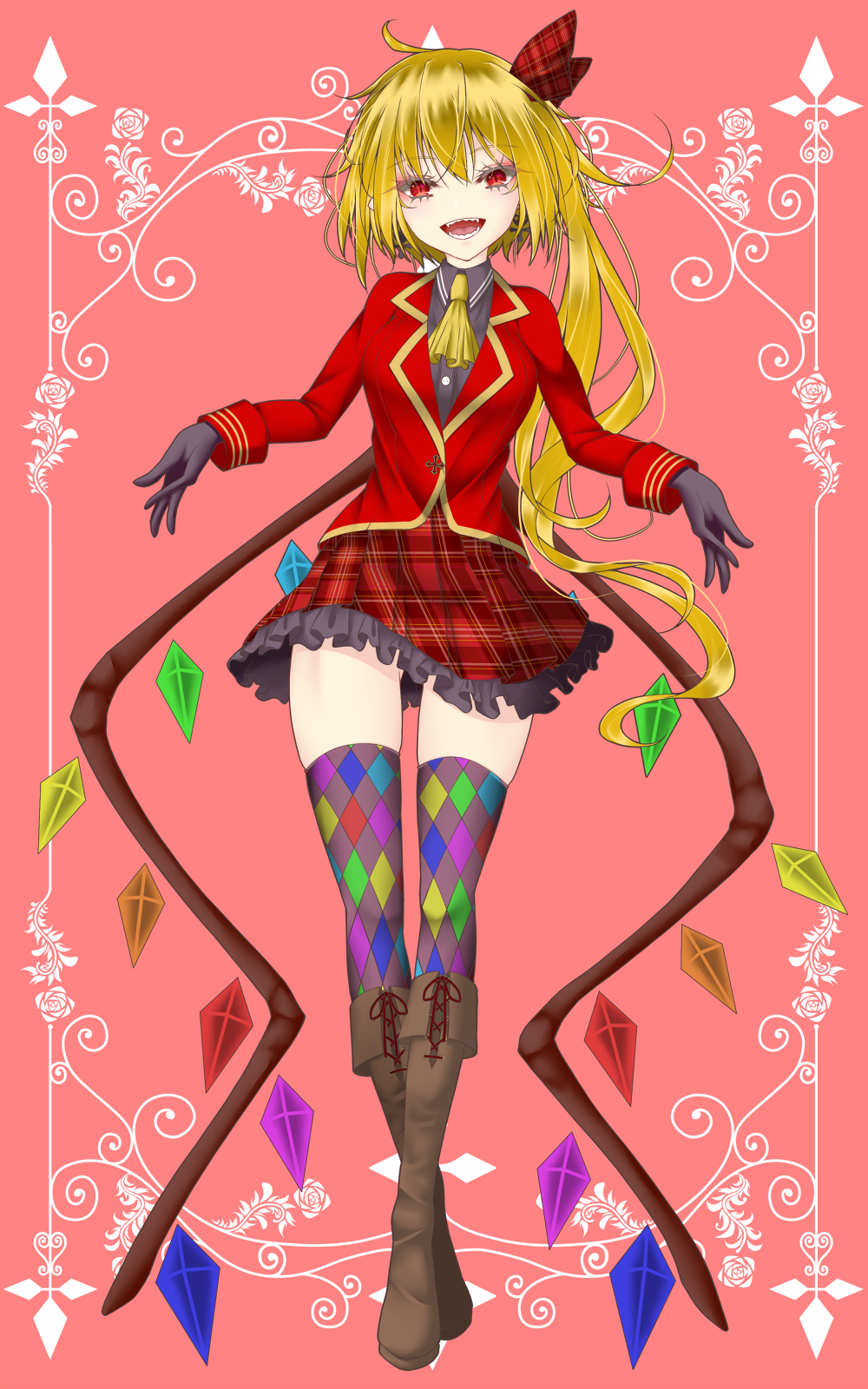 1girl, :d, alternate_costume, ascot, bangs, black_gloves, blonde_hair, boots, brown_footwear, crystal, dai_zu_san, flandre_day, flandre_scarlet, frilled_skirt, frills, full_body, gloves, highres, long_sleeves, looking_at_viewer, multicolored_clothes, multicolored_legwear, multicolored_wings, one_side_up, open_mouth, plaid, plaid_skirt, red_background, red_eyes, red_skirt, sharp_teeth, simple_background, skirt, smile, solo, teeth, touhou, wings, yellow_ascot