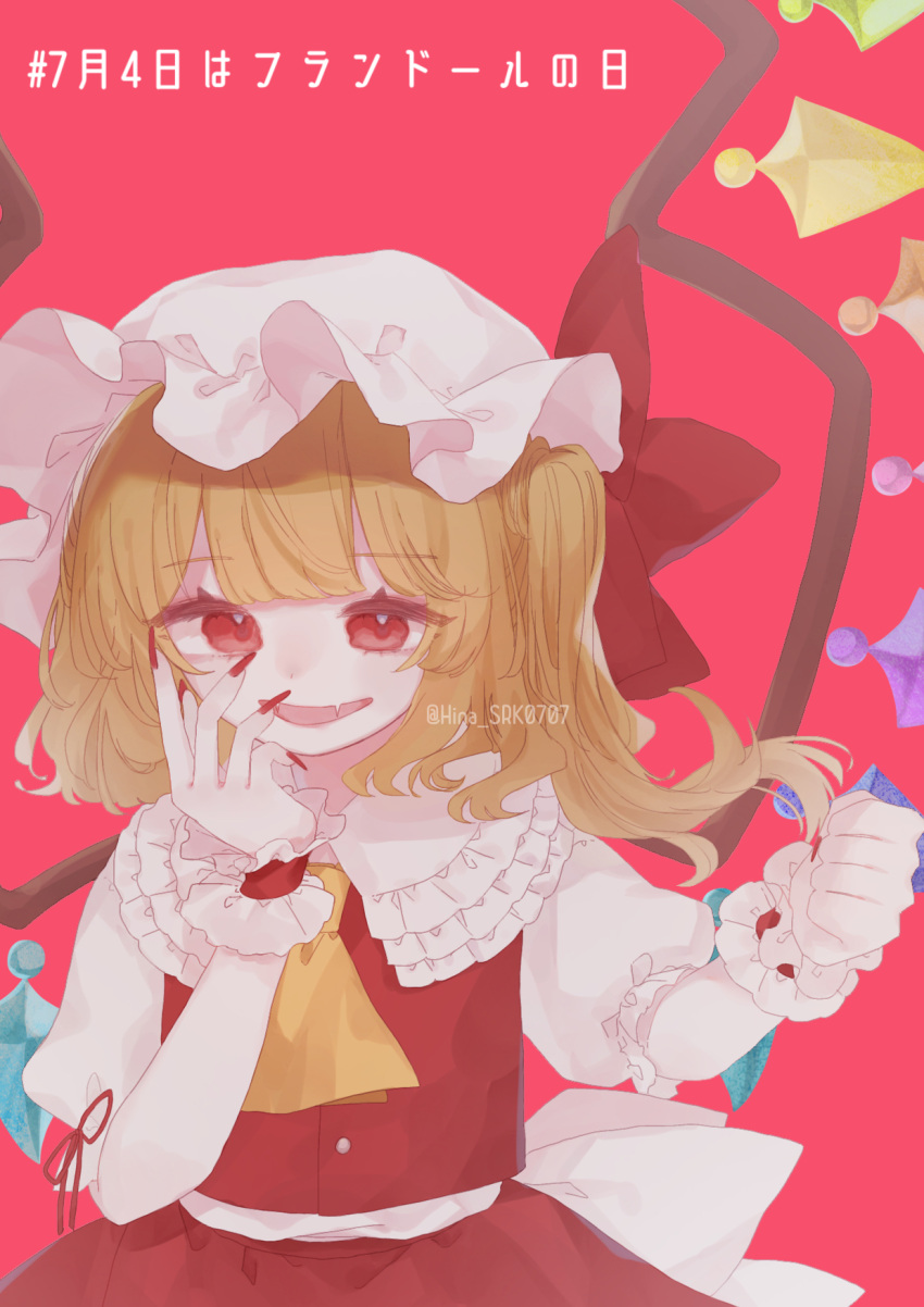 1girl, ascot, back_bow, bangs, blonde_hair, blunt_bangs, bow, clenched_hand