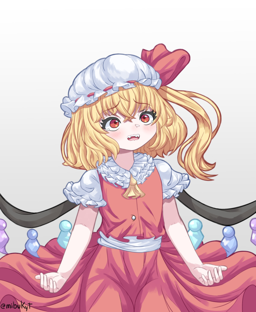 1girl, absurdres, blonde_hair, fangs, flandre_scarlet, frilled_shirt_collar, frilled_sleeves, frills