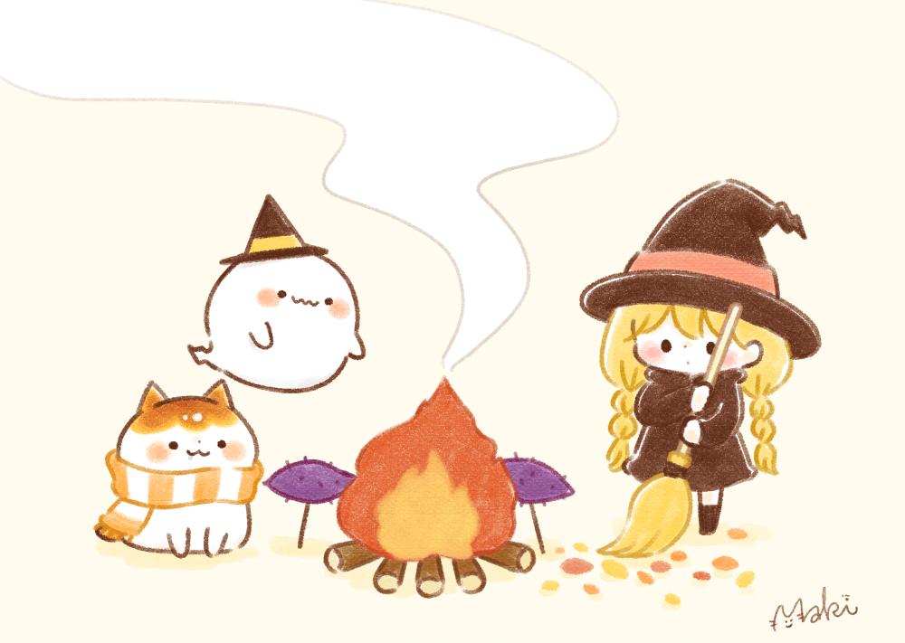 1girl, autumn_leaves, blonde_hair, braid, broom, cat, chara_chara_makiato, chibi