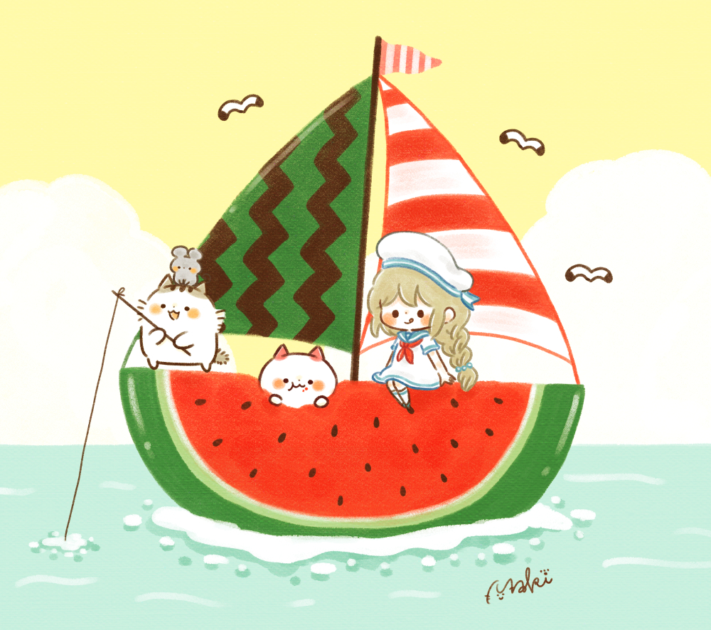 1girl, bangs, blush_stickers, boat, braid, brown_hair, cat, chara_chara_makiato