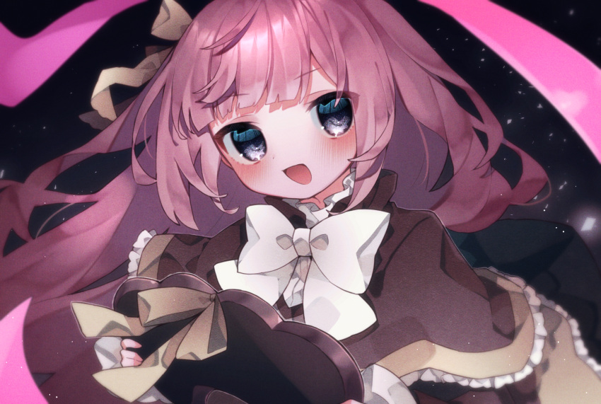 1girl, :d, bangs, black_eyes, blunt_bangs, blush, bow, capelet