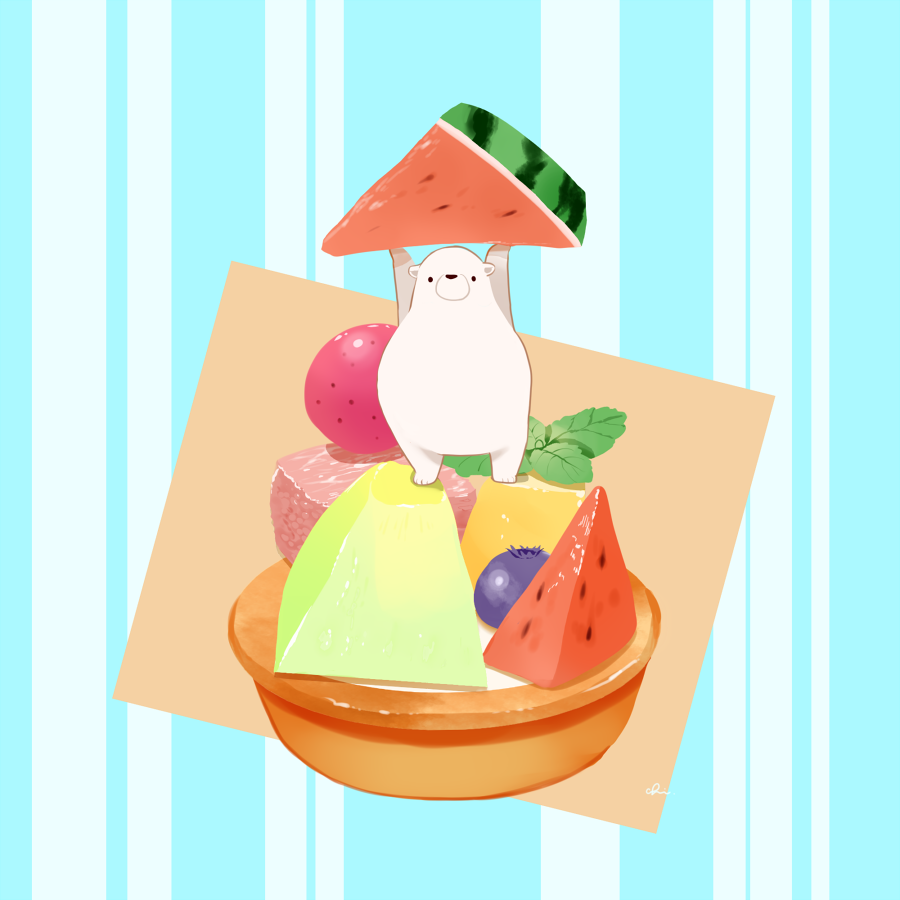 abstract_background, animal, arms_up, bear, cantaloupe, chai_(drawingchisanne), food, food_focus
