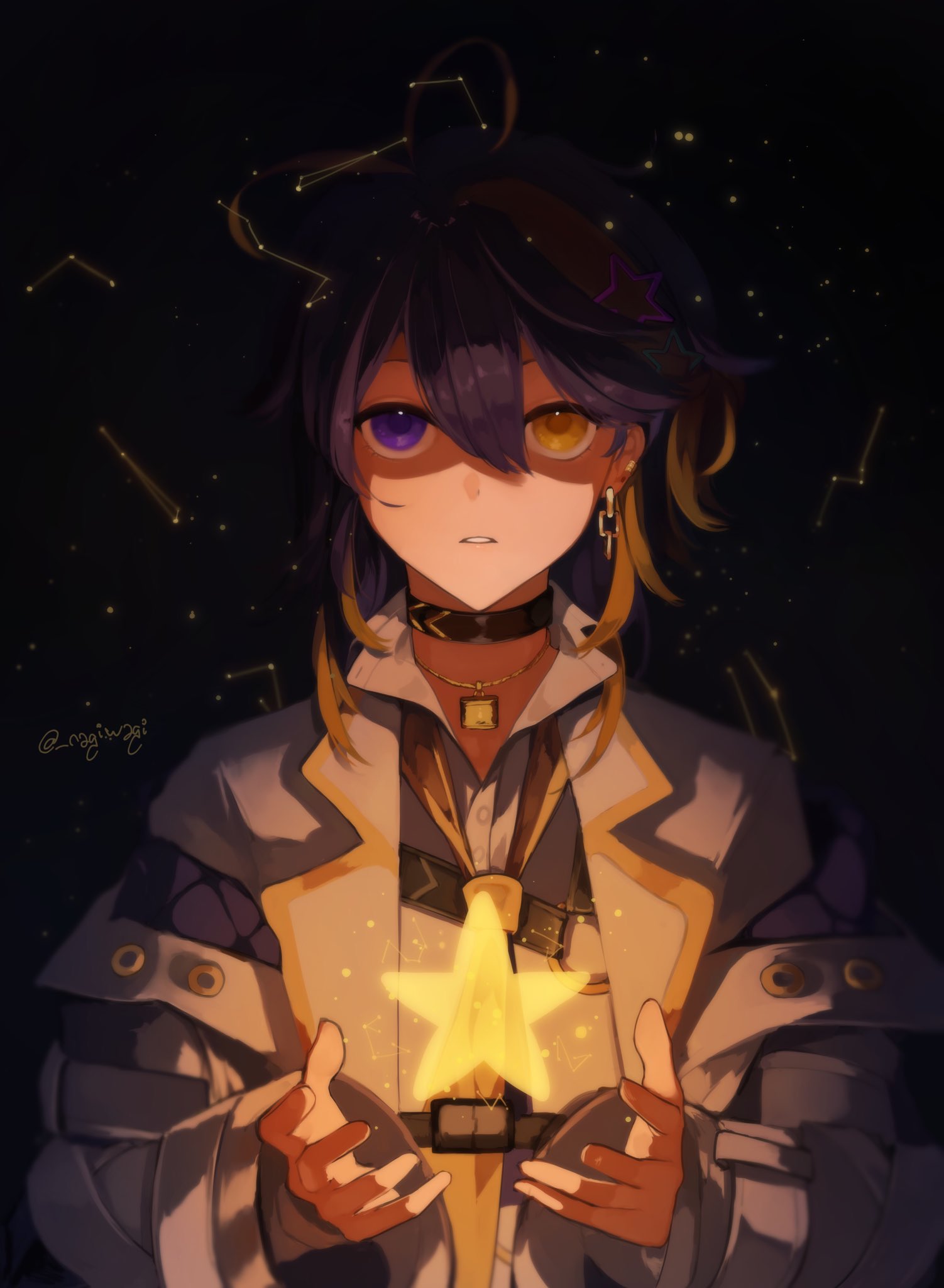 1boy, artist_name, aster_arcadia, bangs, black_choker, blonde_hair, chain, chain_earrings