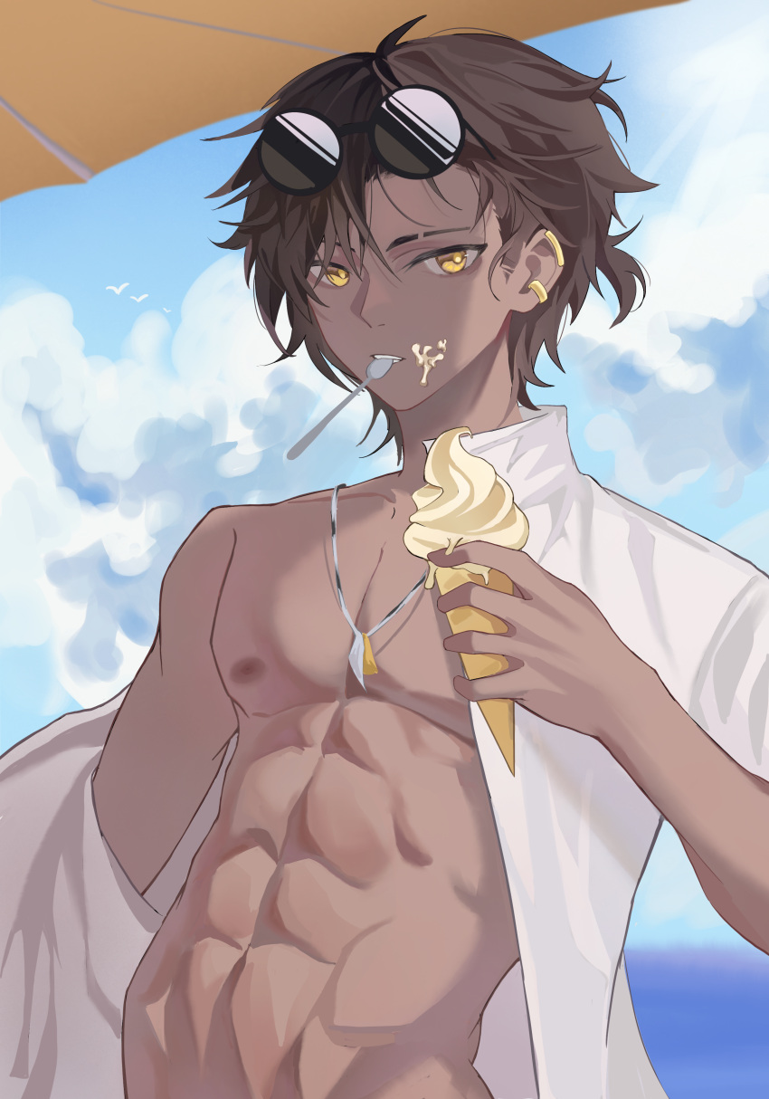 1boy, abs, absurdres, arknights, black_hair, blue_sky, clouds, cloudy_sky, dark-skinned_male, dark_skin, earrings, food, food_on_face, highres, holding, holding_food, ice_cream, jewelry, male_focus, muscular, muscular_male, nipples, open_clothes, open_shirt, outdoors, shiba257, shirt, sky, solo, thorns_(arknights), utensil_in_mouth, white_shirt, yellow_eyes