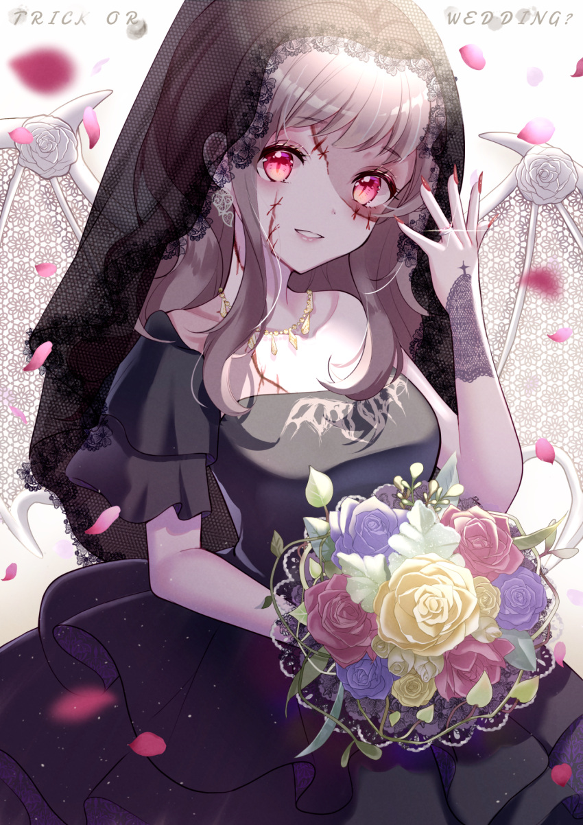 1girl, bangs, blood, blood_on_face, blush, bouquet, bride, brown_hair