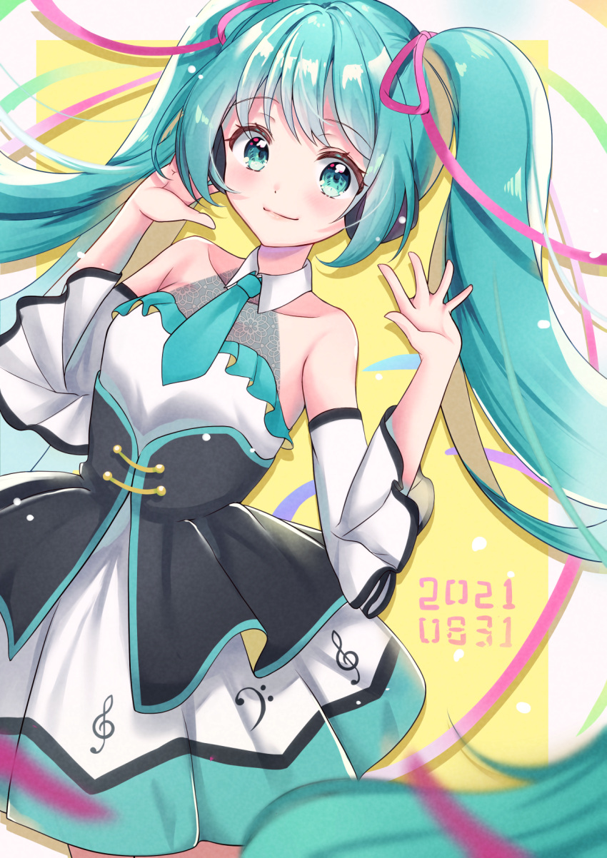 1girl, 2021, bangs, blue_eyes, blue_hair, blush, collared_dress, dated, detached_sleeves, dress, hair_ribbon, hand_on_headphones, hatsune_miku, headphones, highres, kowano, long_hair, musical_note, musical_note_print, necktie, ribbon, see-through, see-through_dress, sleeveless, sleeveless_dress, smile, solo, twintails, underbust, very_long_hair, vocaloid