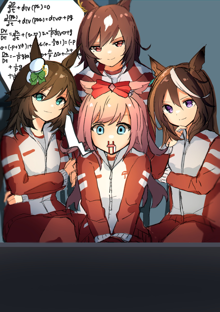 4girls, agnes_digital_(umamusume), animal_ears, bangs, blood, blue_eyes, bow, brown_eyes