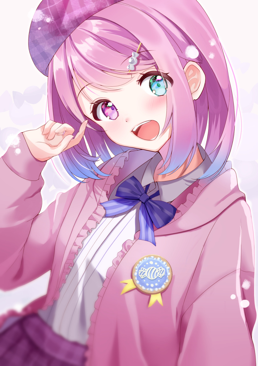 1girl, :d, badge, bangs, beret, blue_eyes, blurry, blurry_foreground, blush, bow, bowtie, candy_hair_ornament, collared_shirt, food-themed_hair_ornament, gem, hair_ornament, hairclip, hand_up, hat, heterochromia, highres, himemori_luna, hololive, hood, hoodie, kowano, looking_at_viewer, open_mouth, pearl_(gemstone), pink_eyes, pink_hair, plaid, plaid_skirt, purple_hair, shirt, short_hair, skirt, smile, solo, virtual_youtuber