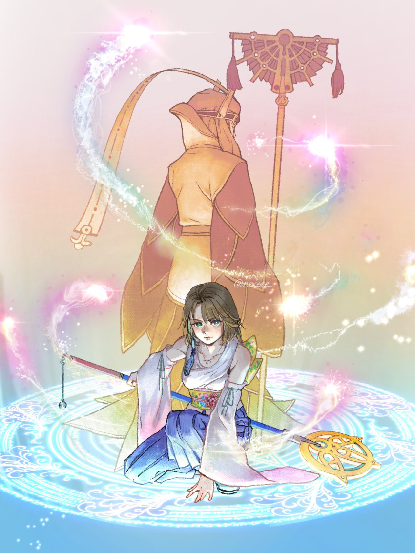 1boy, 1girl, bare_shoulders, beads, blue_eyes, blue_skirt, braska, breasts