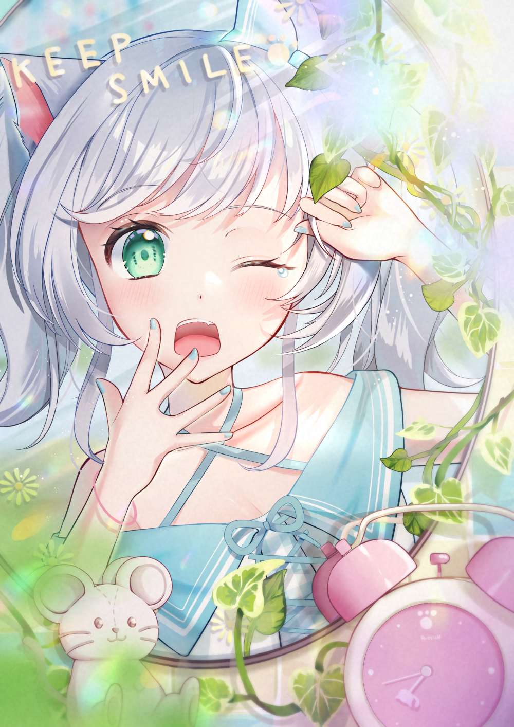 1girl, alarm_clock, animal_ears, bangs, blush, cat_ears, clock, criss-cross_halter