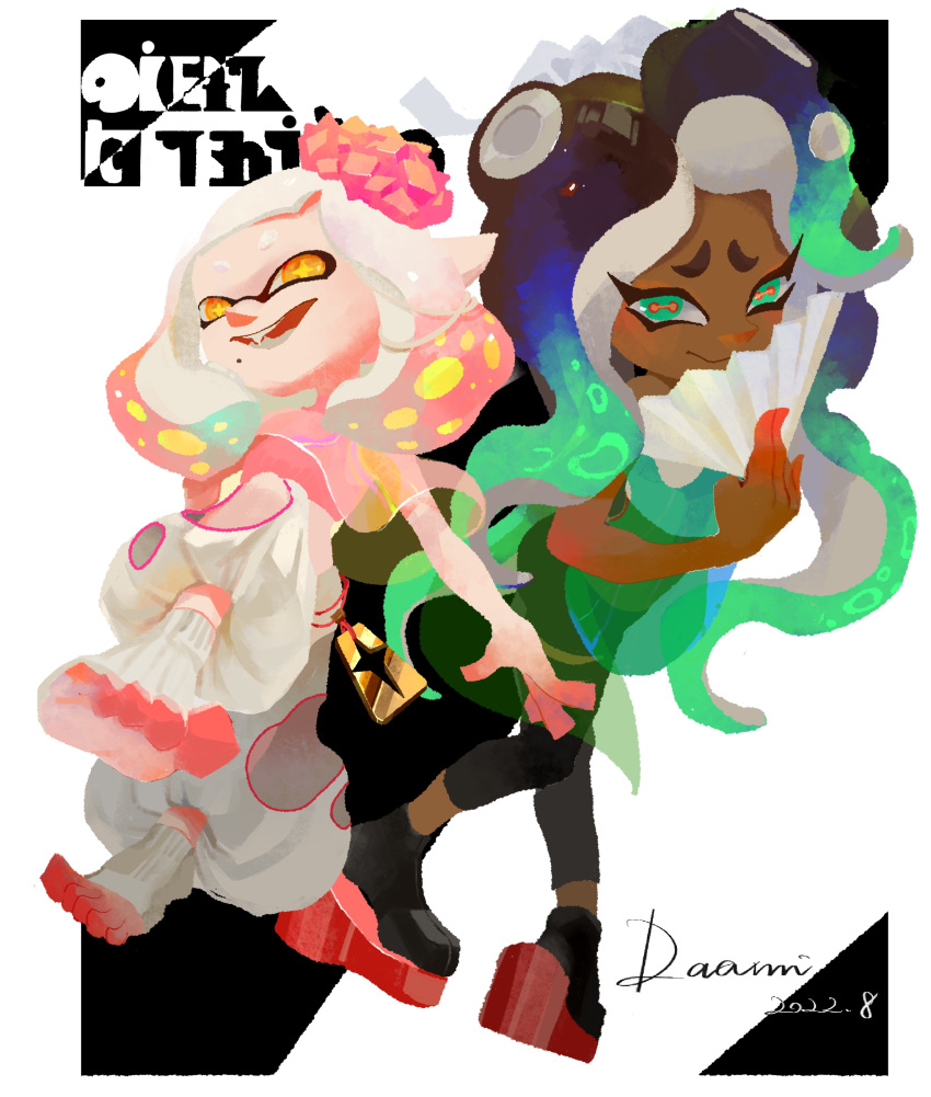 2022, 2girls, absurdres, aqua_eyes, aqua_hair, artist_name, black_pants, black_socks