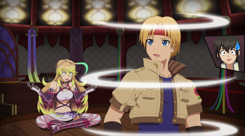 bandai_namco, claude_kenni, confused, highres, jude_mathis, milla_maxwell, nazyrus07, parody